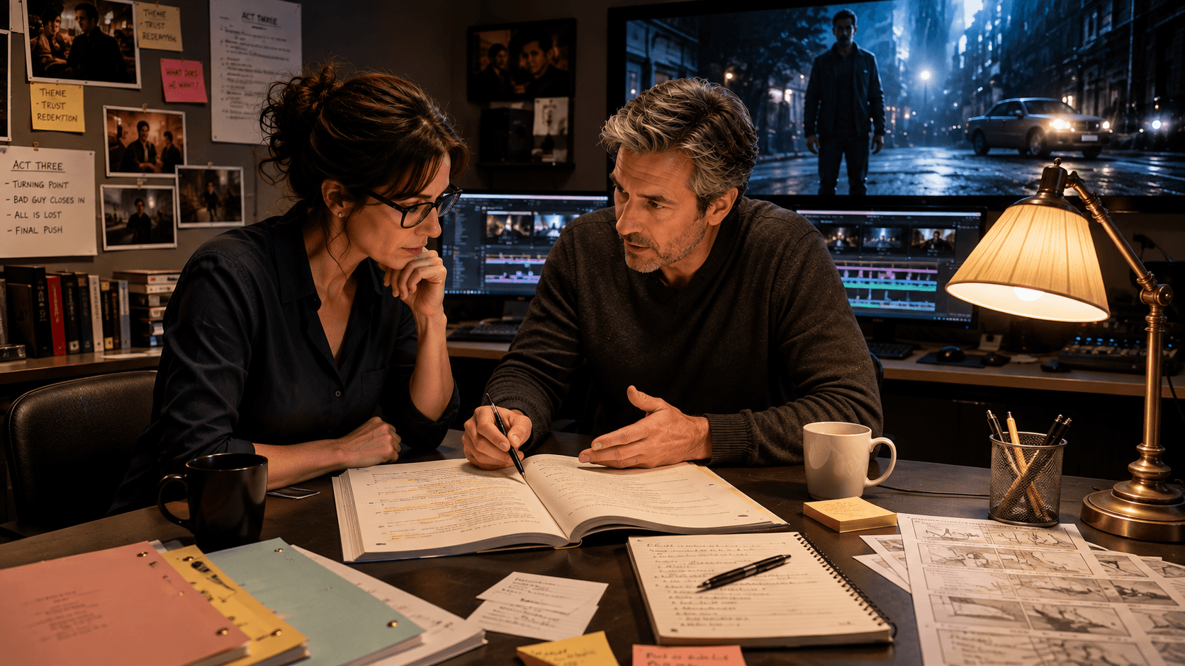 Reconciling footage to the script: A producer and the screenwriter in conference in the editing bay.