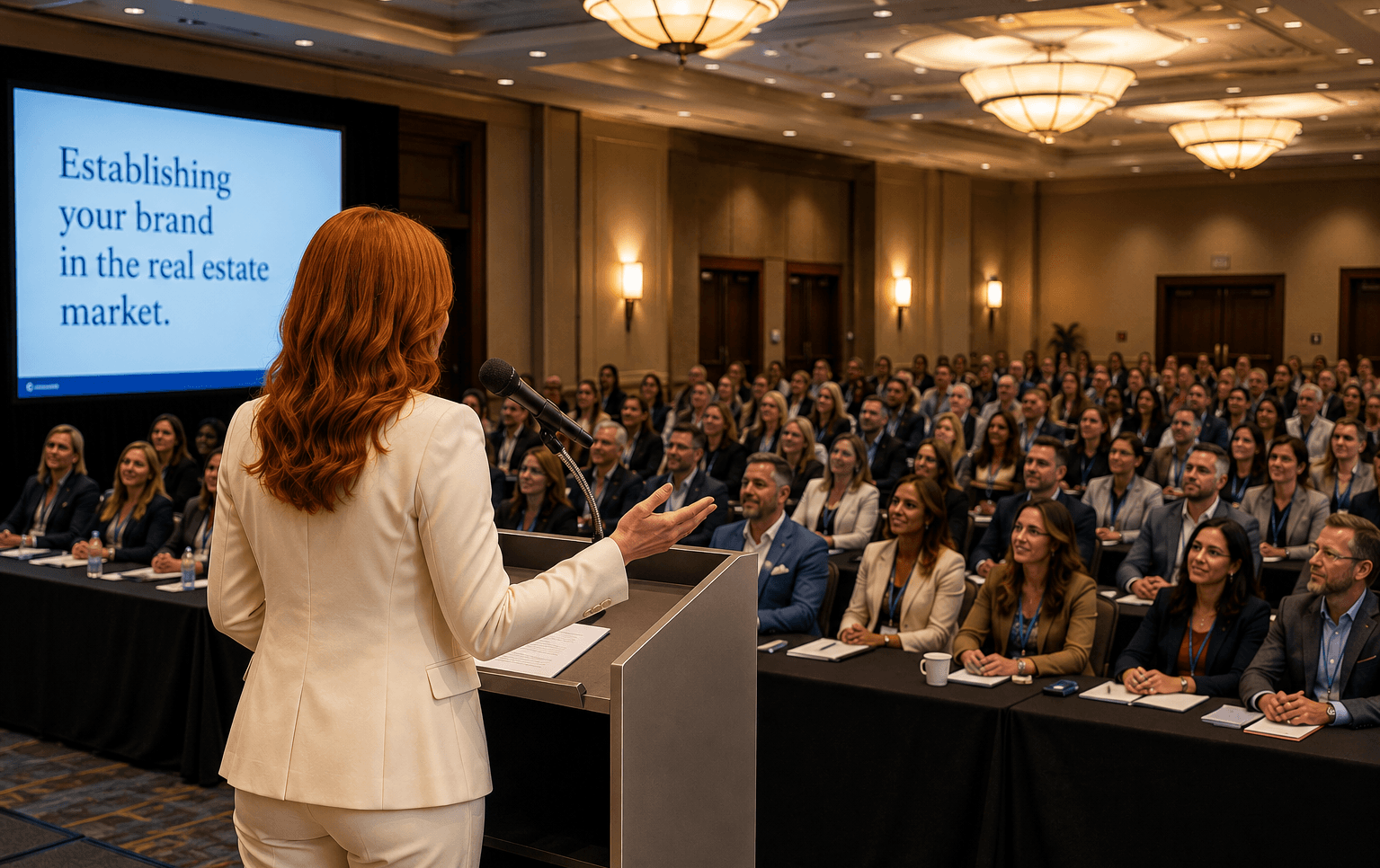A Realtor delivers a keynote speech at a convention.